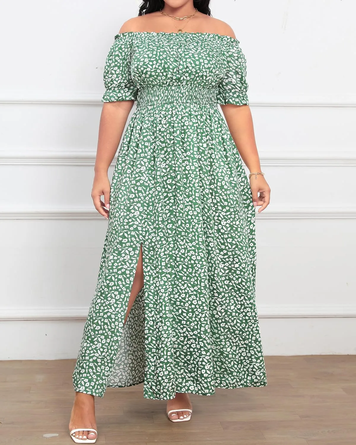 Holipick Women's Off The Shoulder Boho Dress Plus Size Floral Smocked Waist Split Summer Maxi Sundress with Pockets