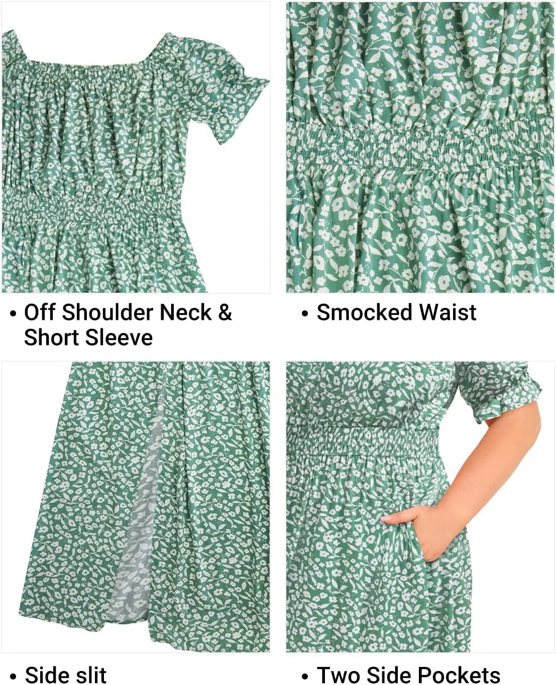 Holipick Women's Off The Shoulder Boho Dress Plus Size Floral Smocked Waist Split Summer Maxi Sundress with Pockets