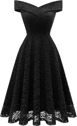 HomRain Women's Elegant Floral Lace Dress Off The Shoulder High Low Hem Dresses for Wedding for Cocktail for Party