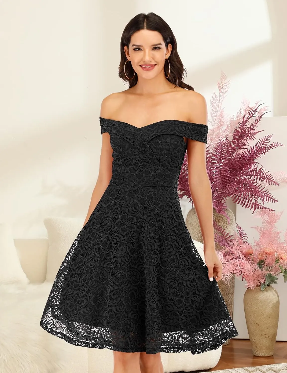 HomRain Women's Elegant Floral Lace Dress Off The Shoulder High Low Hem Dresses for Wedding for Cocktail for Party