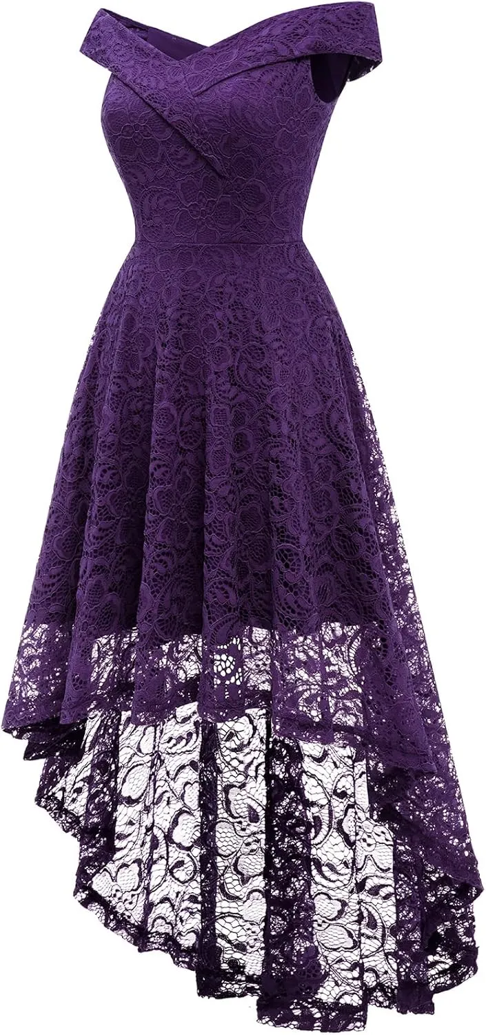 HomRain Women's Elegant Floral Lace Dress Off The Shoulder High Low Hem Dresses for Wedding for Cocktail for Party