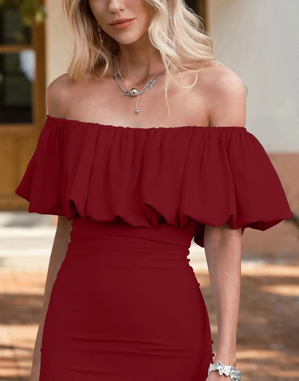 HYPERFIRE Women's Off The Shoulder Dress Short Formal Bubble Dresses Mini Party Outfit