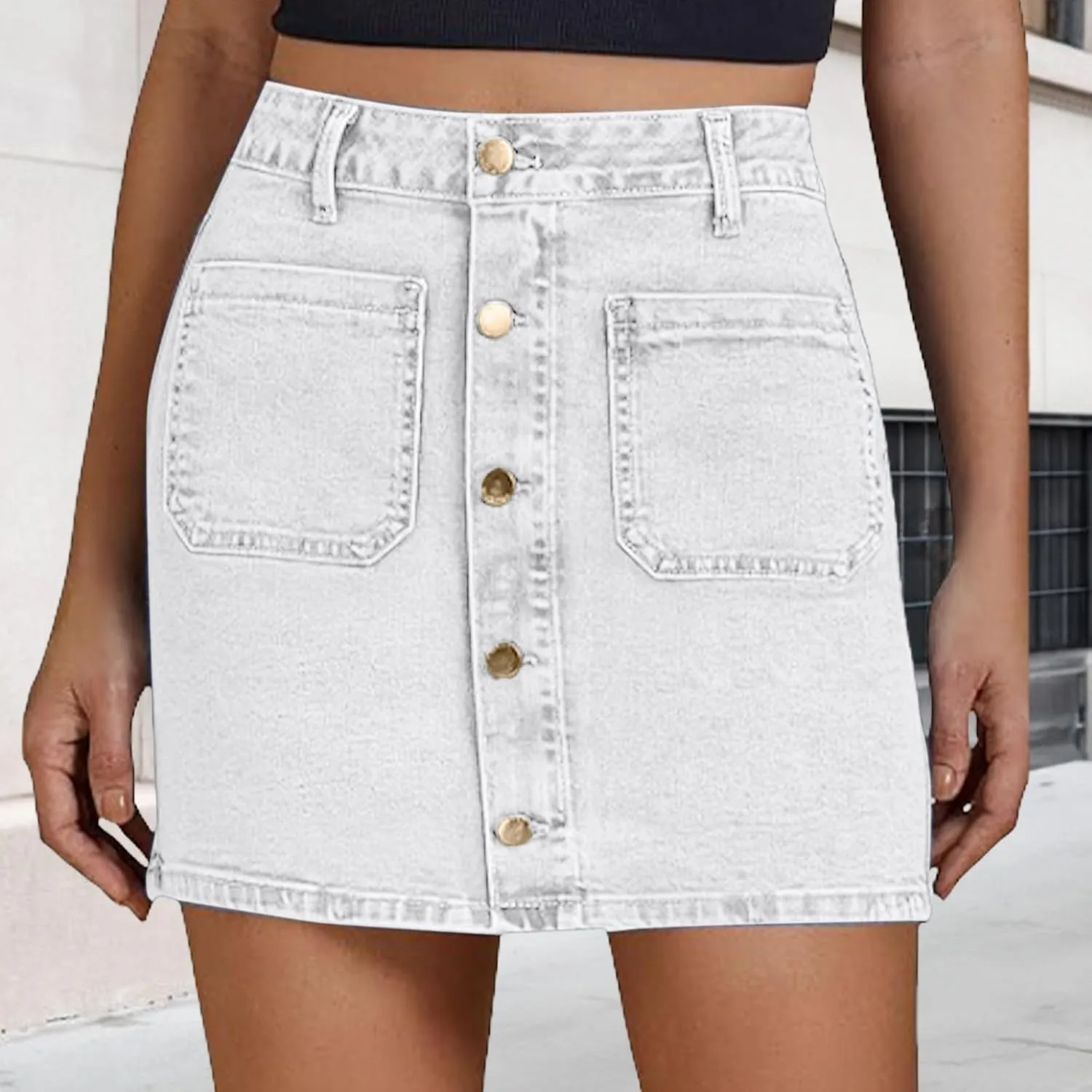 Jean Skirts for Women Denim High Waisted Trendy Stretchy Button Front Short Mini Pencil Skirt with Patch Pockets