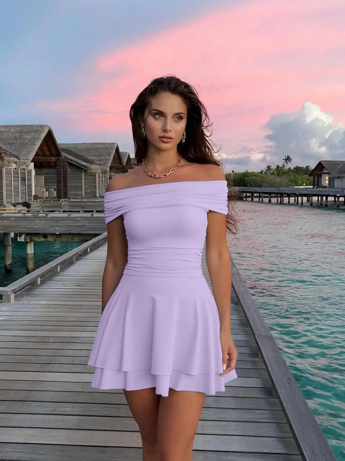 Kaximil Women's Off The Shoulder Mini Dress Ruffle Hem Ruched Corset Short Cocktail Party Dresses