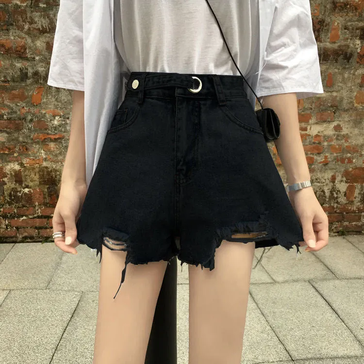 KittenAlarm - High Waist Trendy Button Ripped Shorts Jeans
