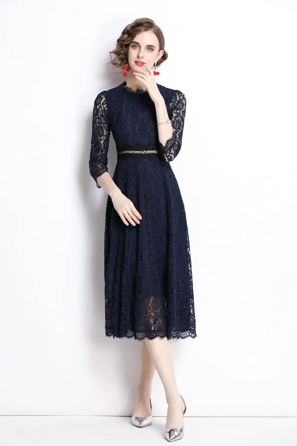 LAI MENG FIVE CATS Women's 3/4 Sleeve Elegant Floral Lace Cocktail Party Swing Midi Dance Dress