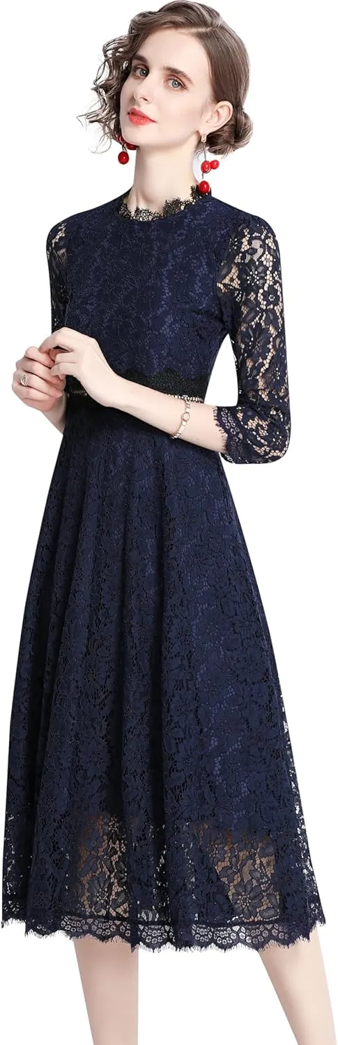 LAI MENG FIVE CATS Women's 3/4 Sleeve Elegant Floral Lace Cocktail Party Swing Midi Dance Dress