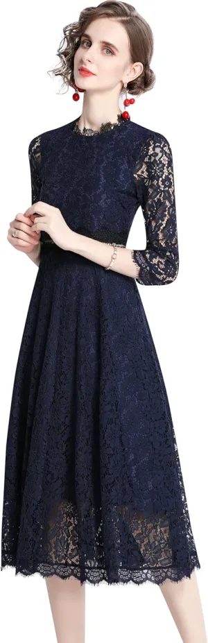 LAI MENG FIVE CATS Women's 3/4 Sleeve Elegant Floral Lace Cocktail Party Swing Midi Dance Dress