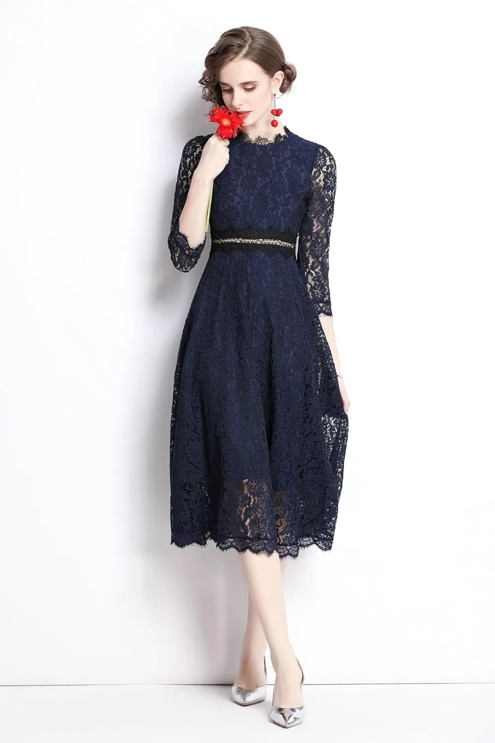 LAI MENG FIVE CATS Women's 3/4 Sleeve Elegant Floral Lace Cocktail Party Swing Midi Dance Dress