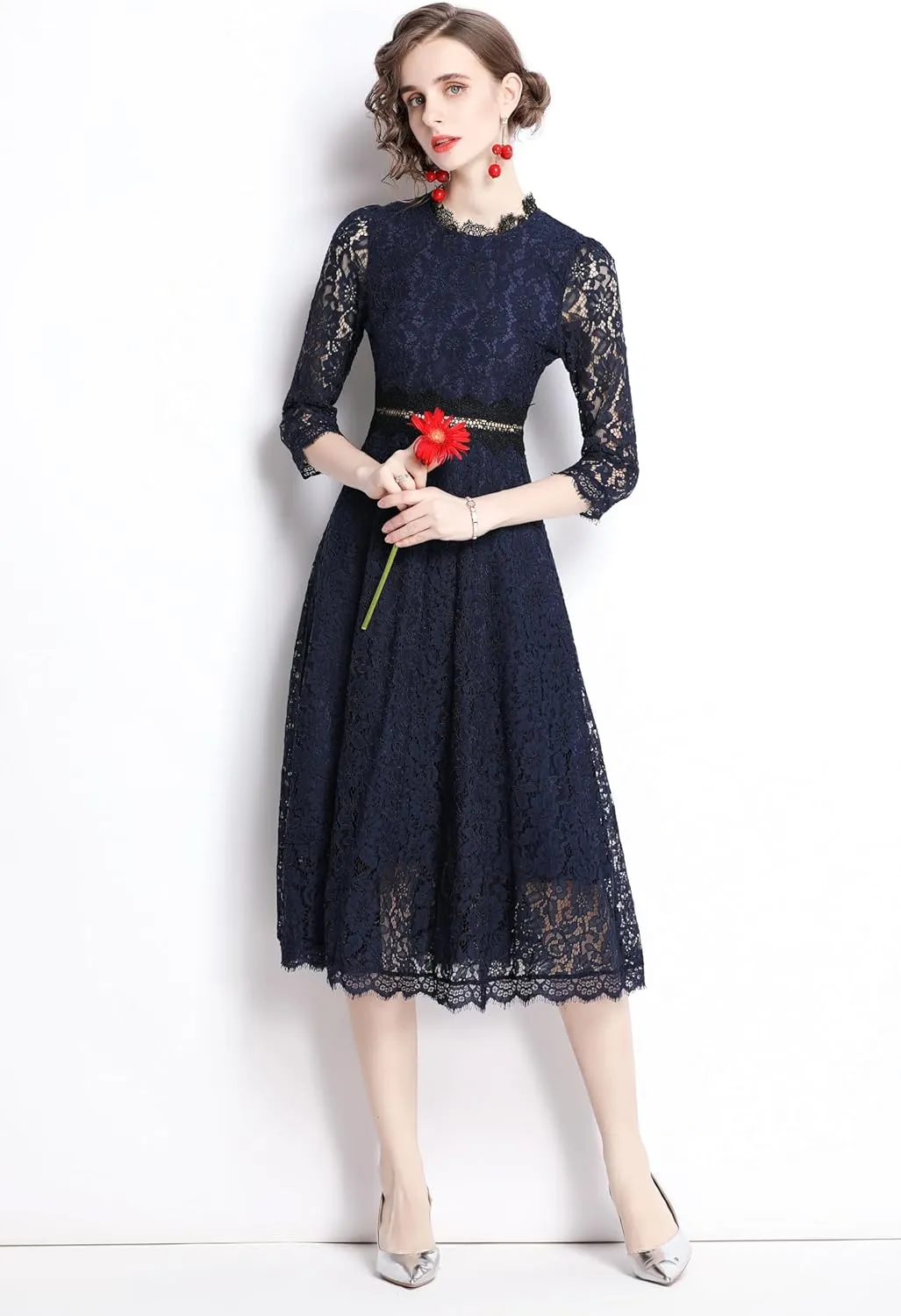 LAI MENG FIVE CATS Women's 3/4 Sleeve Elegant Floral Lace Cocktail Party Swing Midi Dance Dress