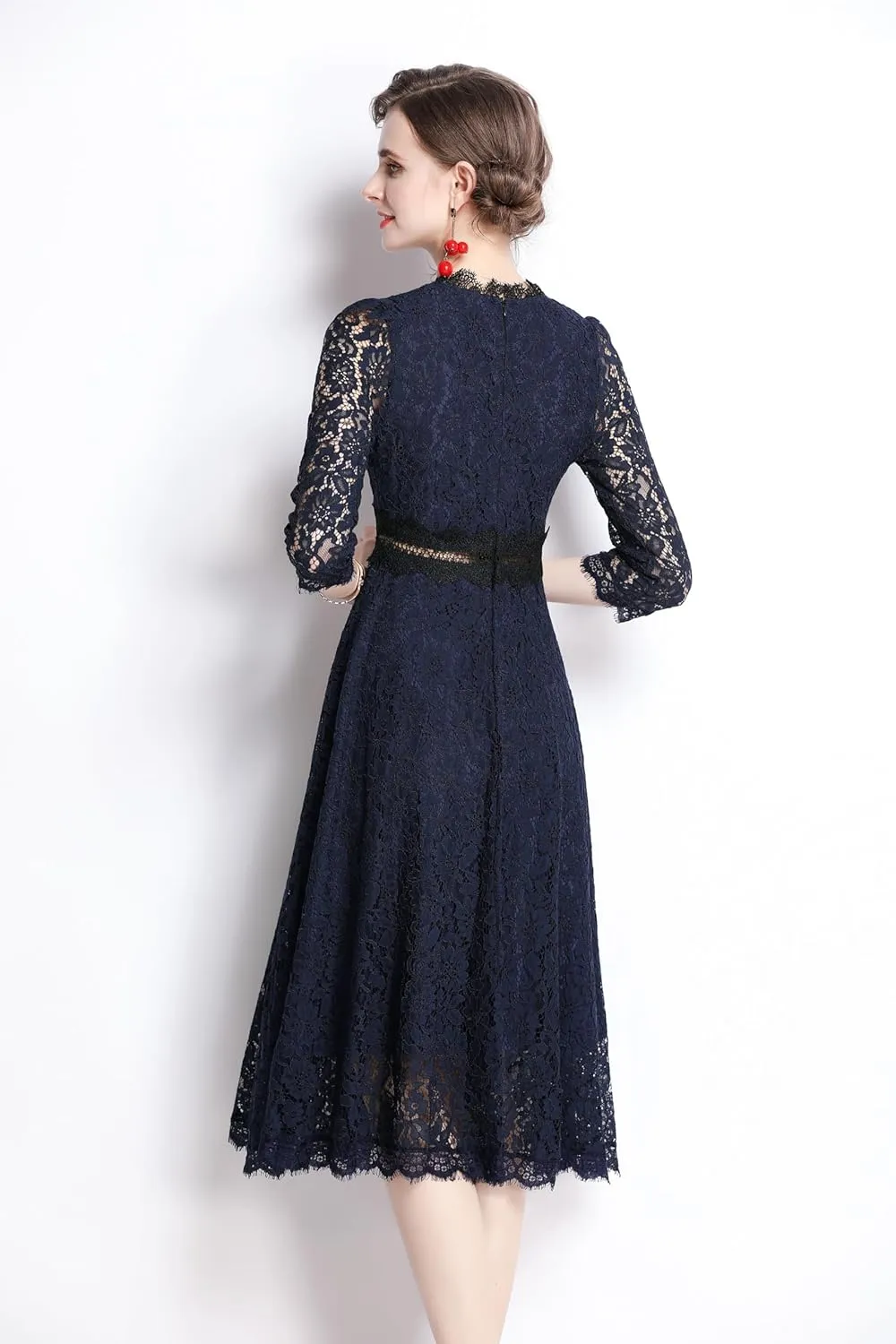 LAI MENG FIVE CATS Women's 3/4 Sleeve Elegant Floral Lace Cocktail Party Swing Midi Dance Dress