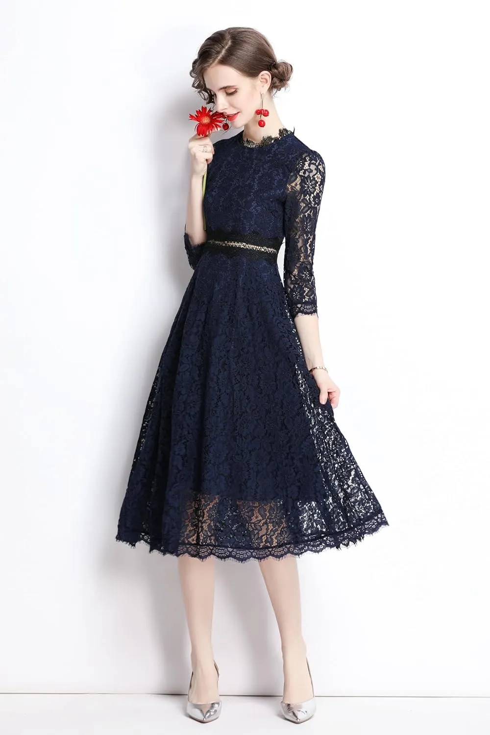LAI MENG FIVE CATS Women's 3/4 Sleeve Elegant Floral Lace Cocktail Party Swing Midi Dance Dress