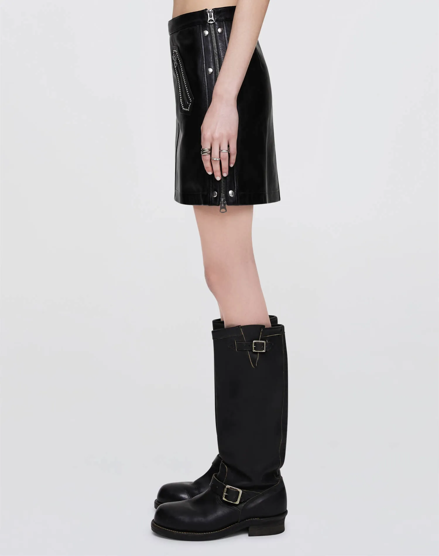 Leather Studded Moto Skirt - Black