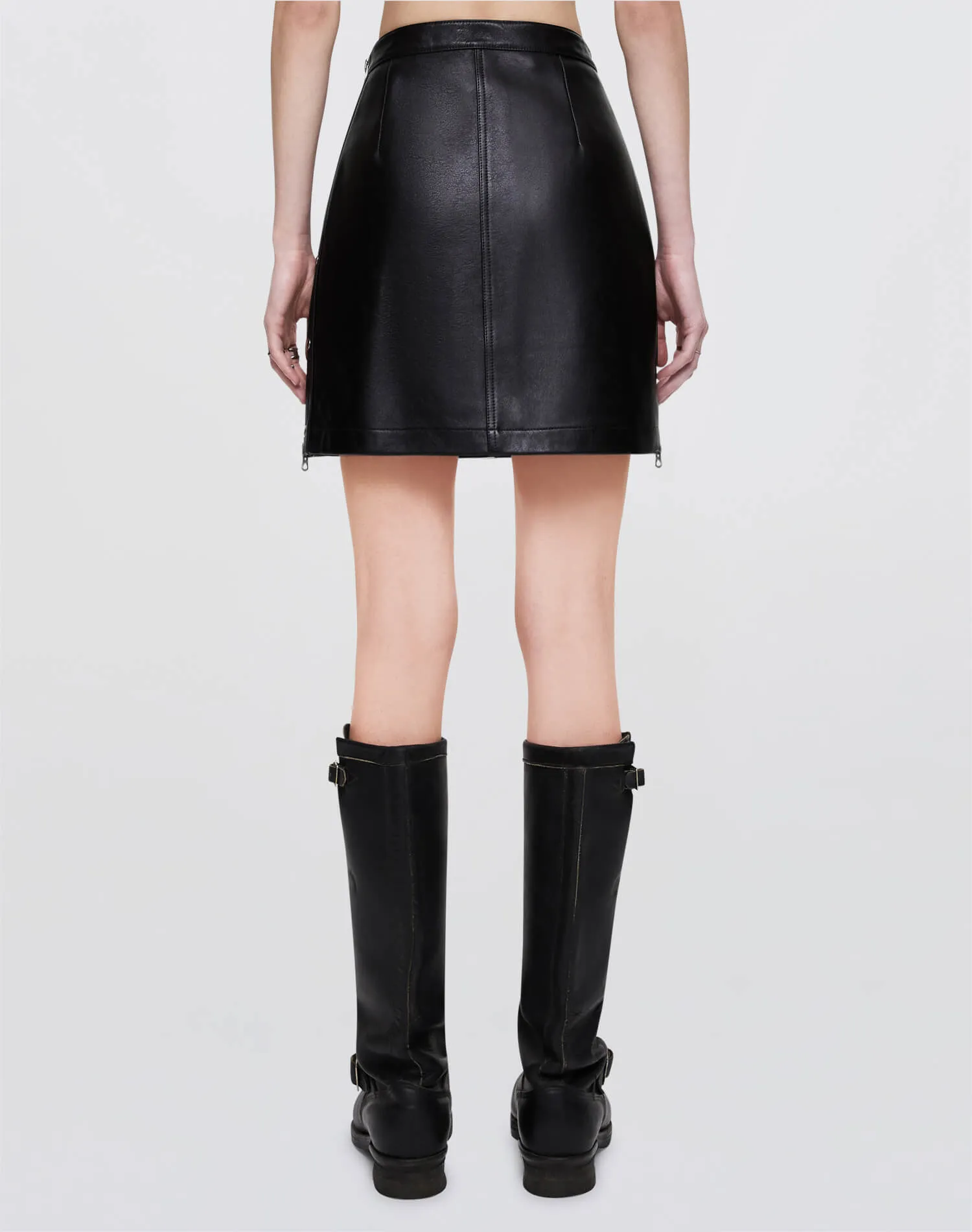 Leather Studded Moto Skirt - Black
