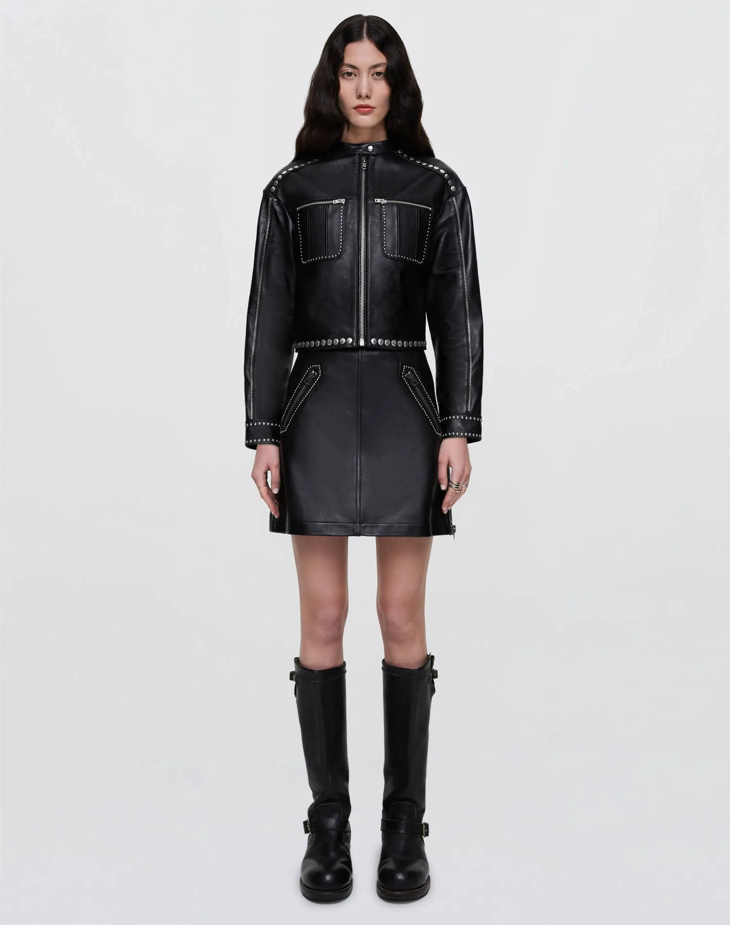 Leather Studded Moto Skirt - Black