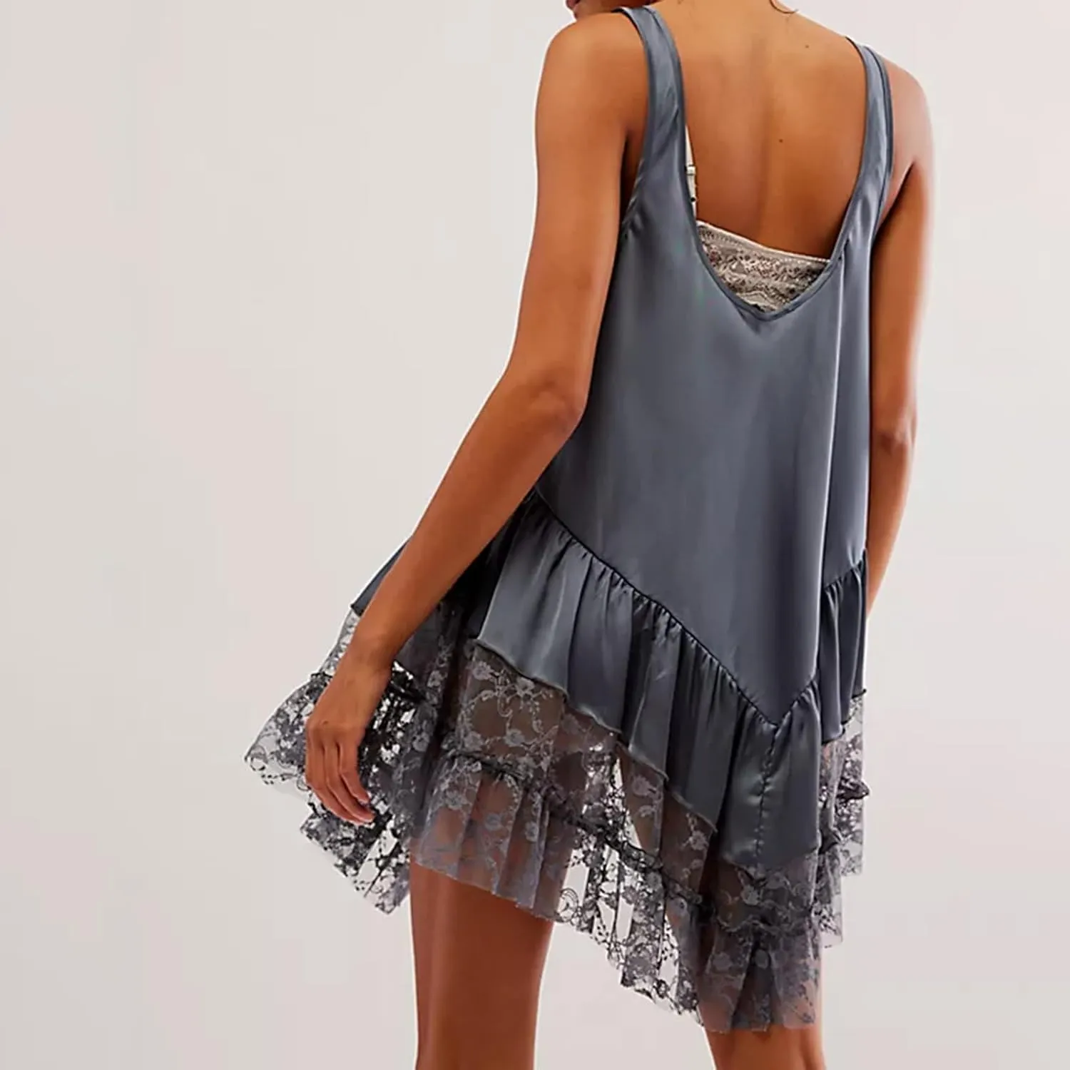LILTWIST Women Lace Slip Dress Sexy Backless Sleevelss Mini Lace Trim Pajama Dress Y2k Flowy Satin Layering Full Slip Dresses