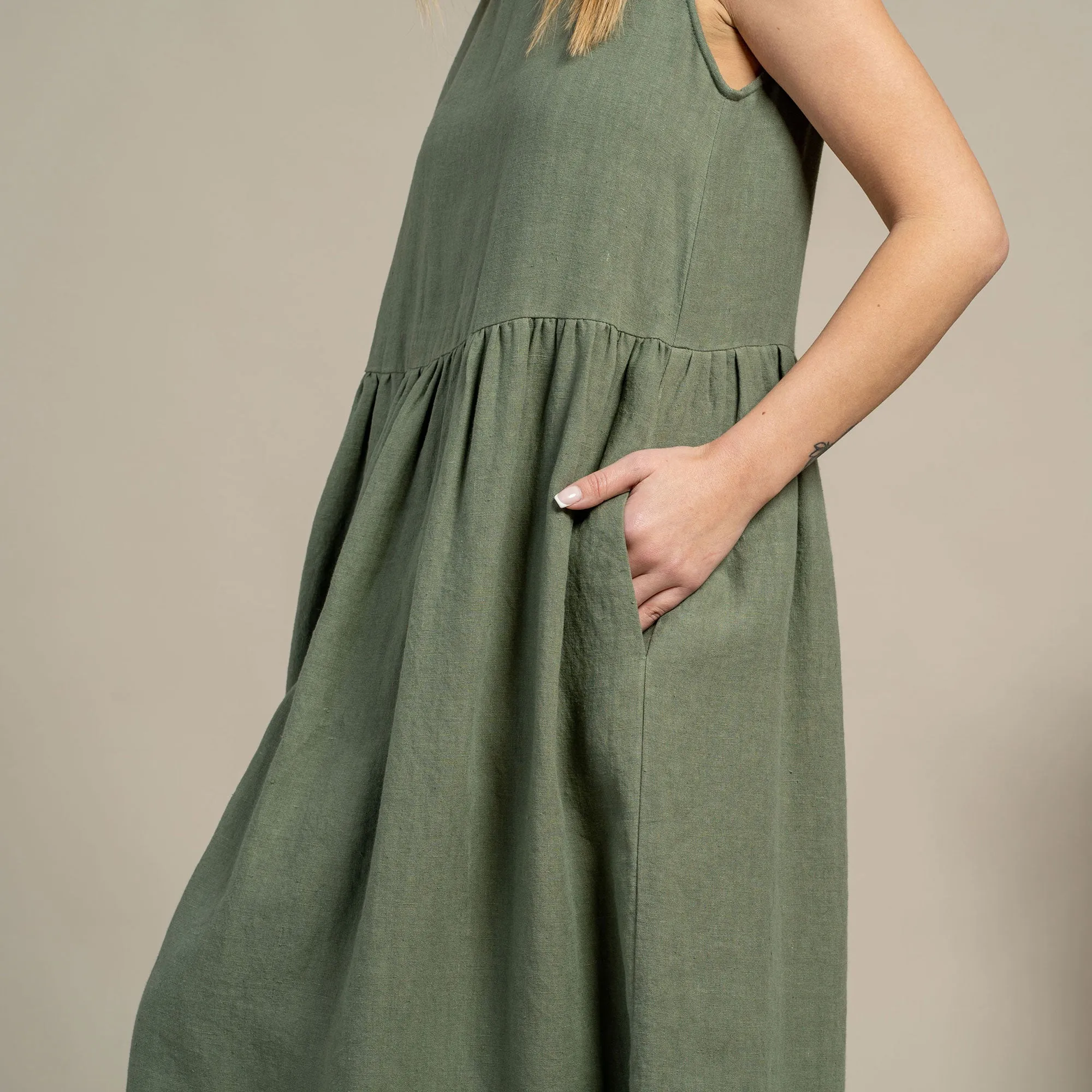 Linen Smock Dress Maya Stone Green