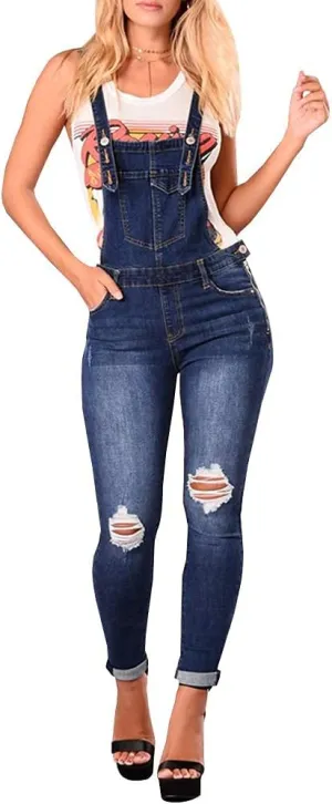 LONGBIDA Skinny Ripped Jeans Denim Jumpsuit Overalls For Women