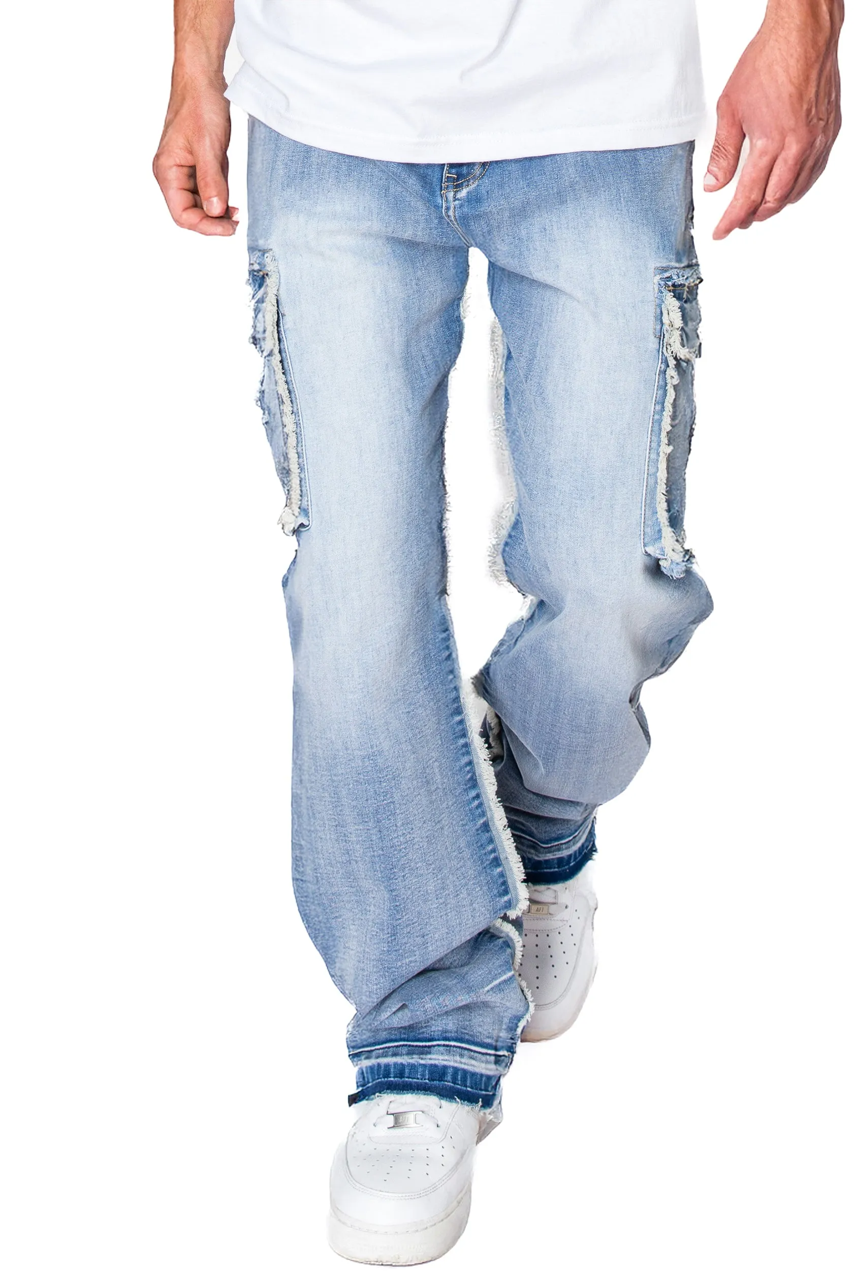 Loose Fit Raw Edge Cargo Jeans