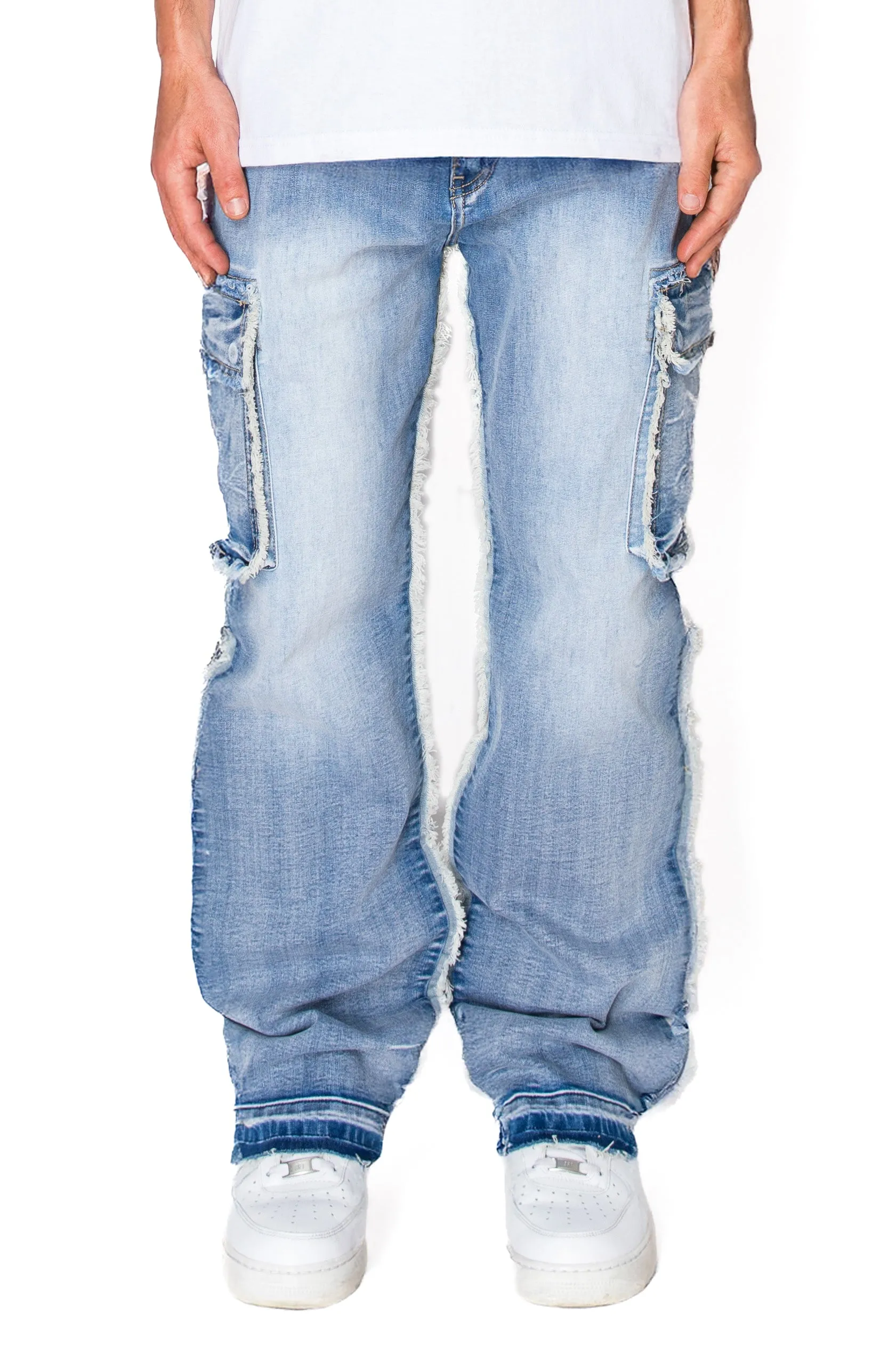 Loose Fit Raw Edge Cargo Jeans