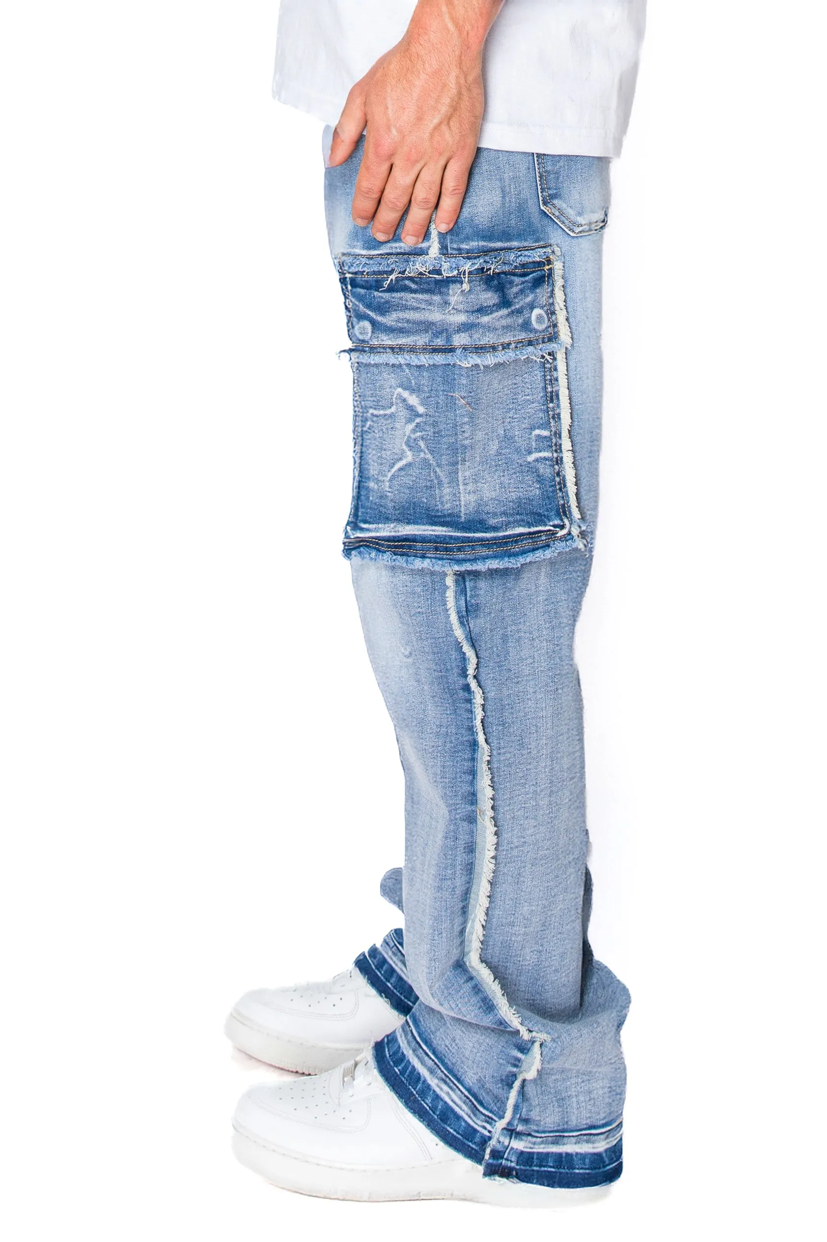 Loose Fit Raw Edge Cargo Jeans