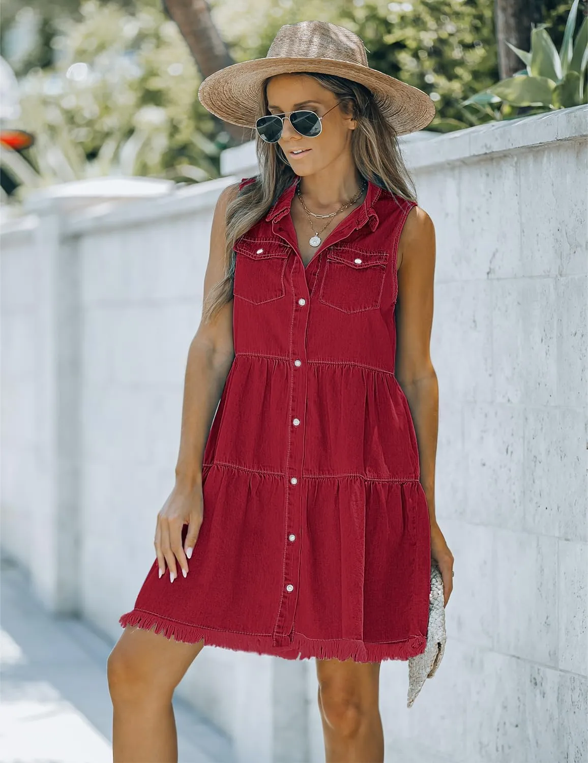 luvamia Women's Casual Summer Lapel Sleeveless Button Down Short Denim Jean Dress