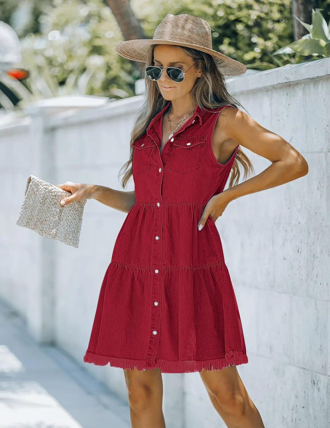 luvamia Women's Casual Summer Lapel Sleeveless Button Down Short Denim Jean Dress