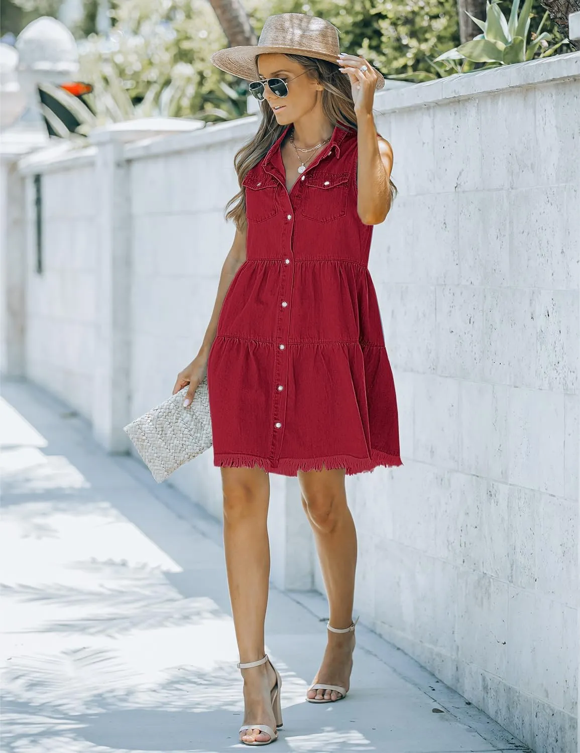 luvamia Women's Casual Summer Lapel Sleeveless Button Down Short Denim Jean Dress