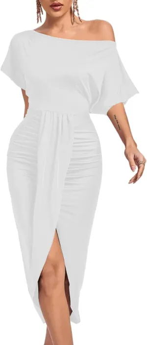 LYANER Women's One Off The Shoulder Ruched Wrap Front Split Hem Draped Party Midi Dress