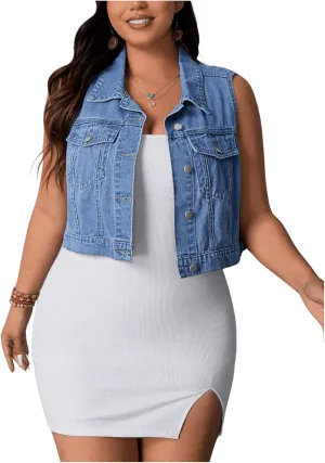 MakeMeChic Women's Plus Size Denim Vest Button Down Flap Pocket Jean Vest Sleeveless Collar Crop Denim Jacket