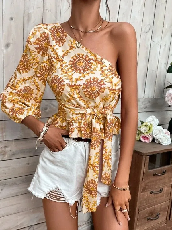 Mandala Print One Shoulder Balloon Sleeve Ruffle Hem Tie Shirt Tie Top
