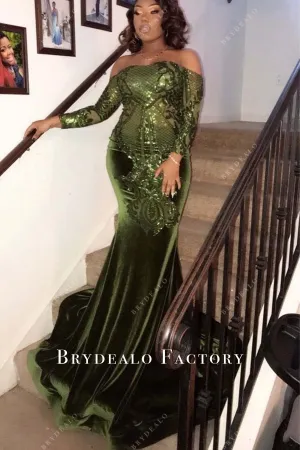 Moss Green Off Shoulder Sequined Pattern Mermaid Dress
