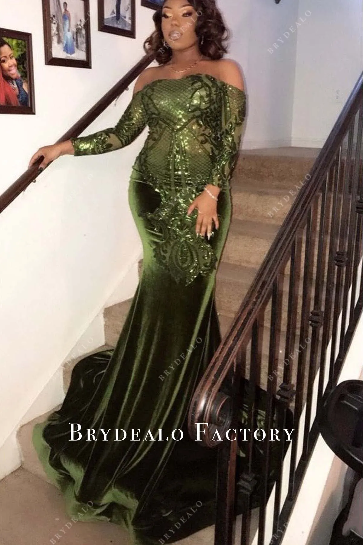 Moss Green Off Shoulder Sequined Pattern Mermaid Dress