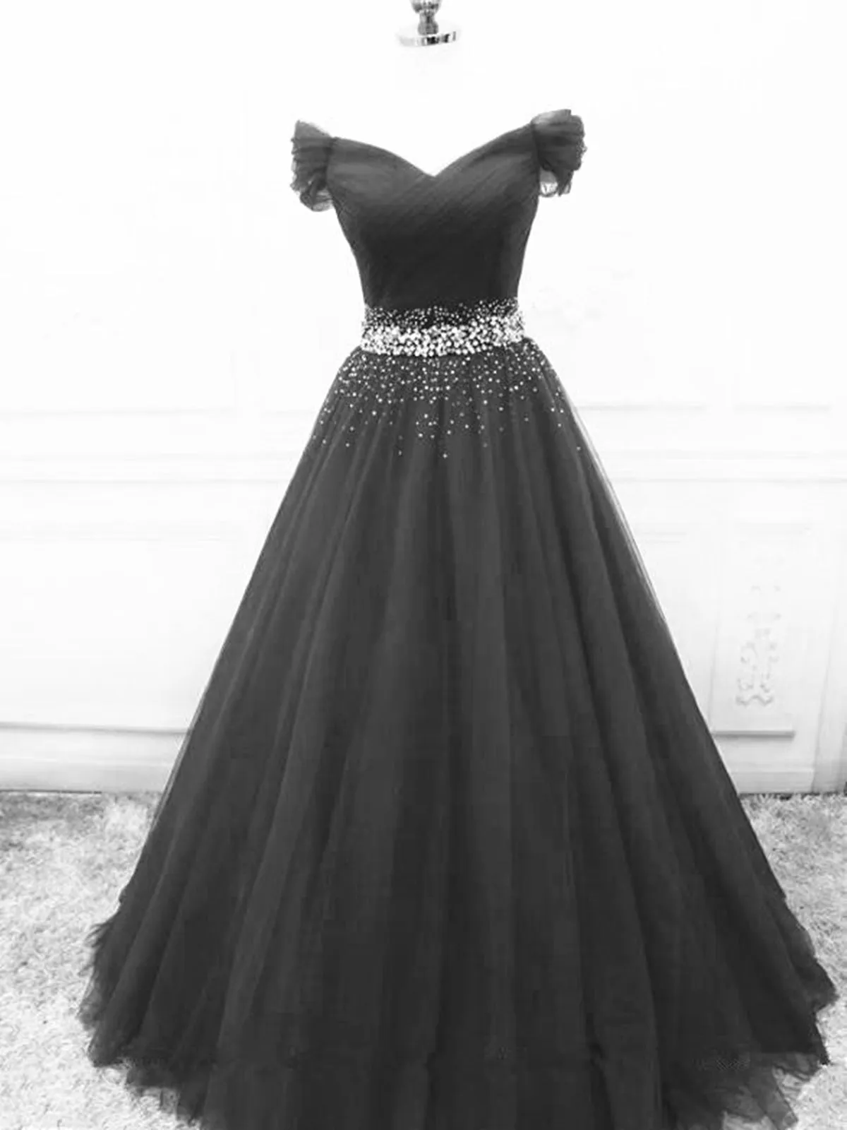Off Shoulder Black Tulle Long Prom Dresses with Sequins, Off the Shoulder Black Formal Evening Dresses, Black Ball Gown