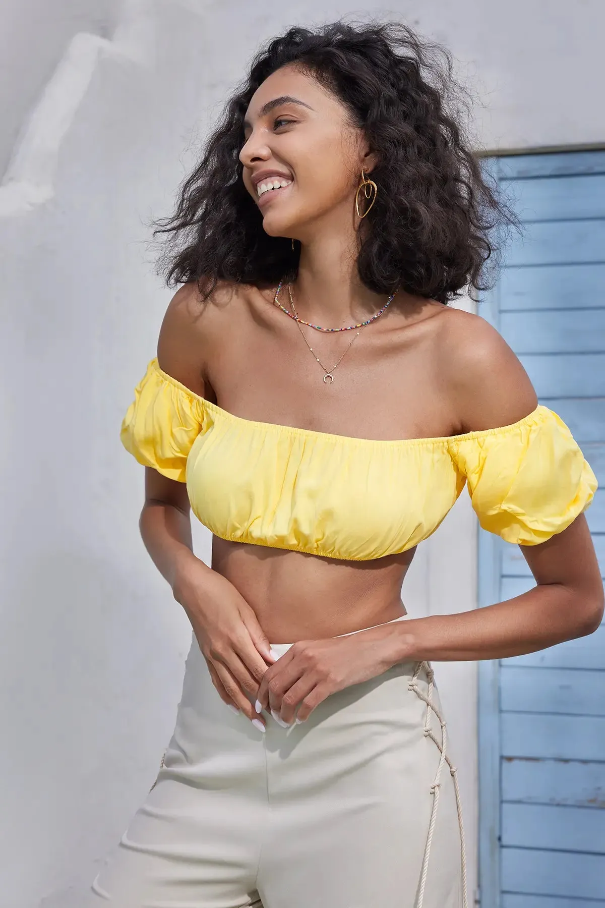 Off the Shoulder Puff Sleeve Crop Top