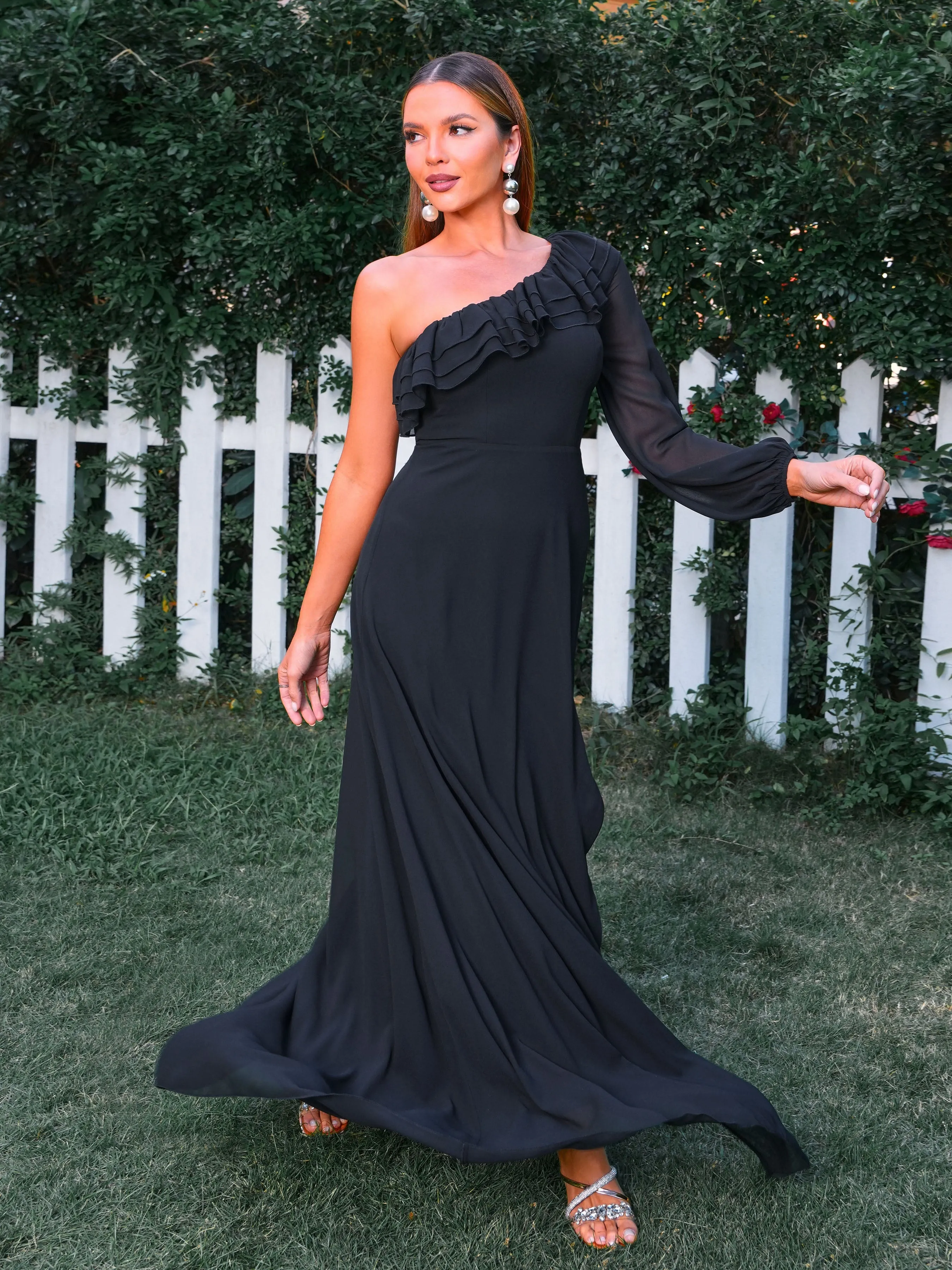 One Shoulder Ruffled Chiffon Black Wedding Guest Dress RH308033