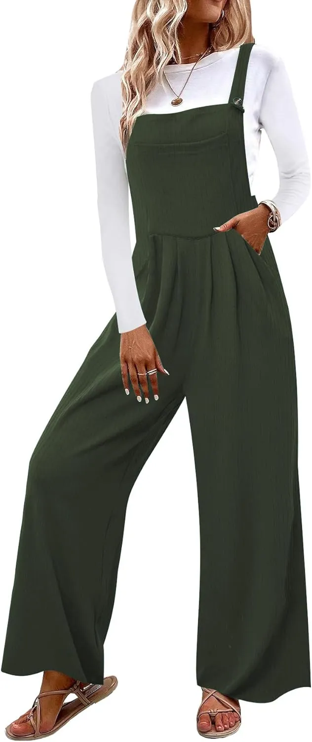 OYOANGLE Women's Casual Loose Wide Leg Pinafore Pants with Pocket Overalls jumpsuit