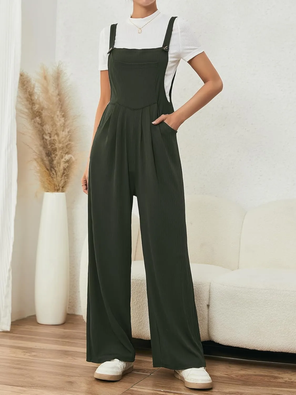 OYOANGLE Women's Casual Loose Wide Leg Pinafore Pants with Pocket Overalls jumpsuit