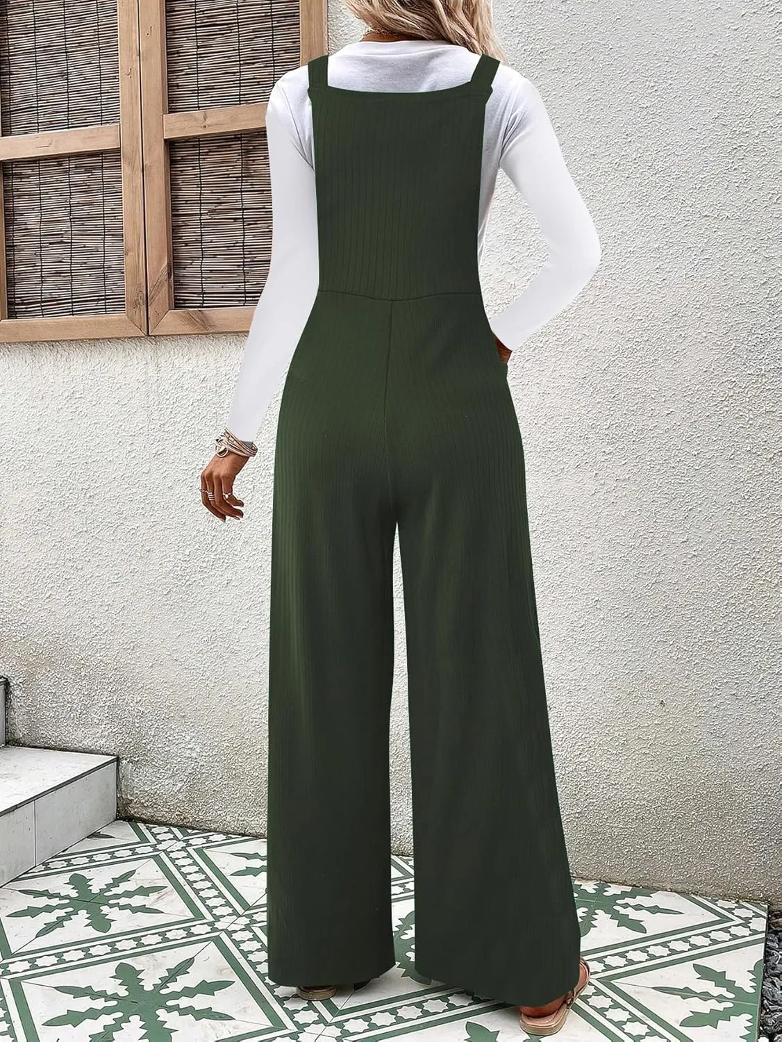 OYOANGLE Women's Casual Loose Wide Leg Pinafore Pants with Pocket Overalls jumpsuit