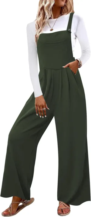 OYOANGLE Women's Casual Loose Wide Leg Pinafore Pants with Pocket Overalls jumpsuit