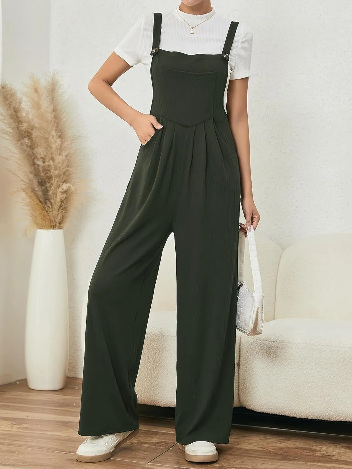 OYOANGLE Women's Casual Loose Wide Leg Pinafore Pants with Pocket Overalls jumpsuit