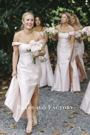 Pink Off Shoulder Satin Slit Mermaid Bridesmaid Dress