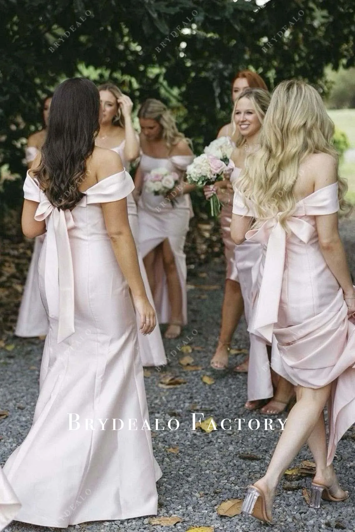 Pink Off Shoulder Satin Slit Mermaid Bridesmaid Dress
