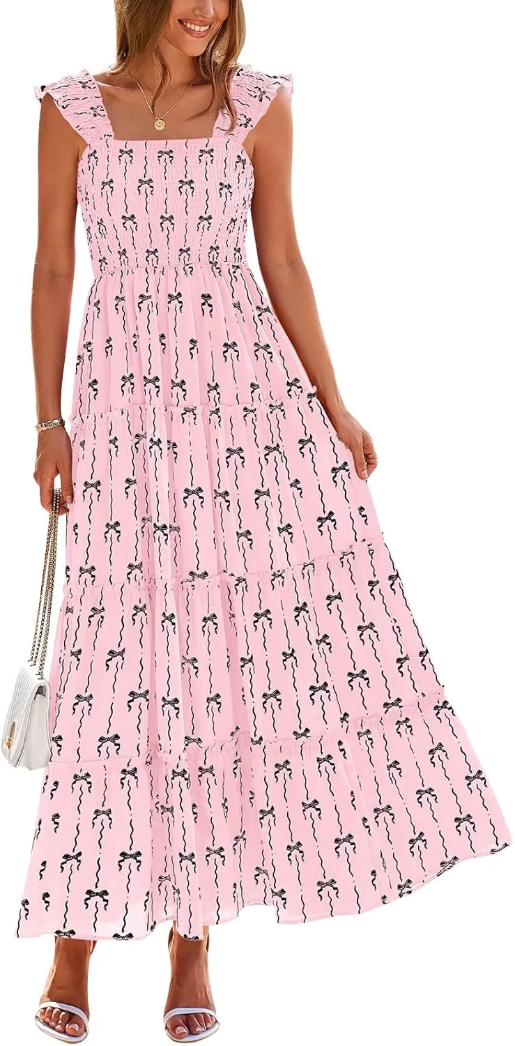 PRETTYGARDEN Women's 2025 Floral Maxi Sundress Smocked Tank Dress Sleeveless Ruffle Summer Tiered Long Dresses