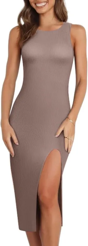 PrettyGuide Women's Sexy Ribbed Knit Tank Going Out Dress with Slit Sleeveless Midi Summer Bodycon Dresses