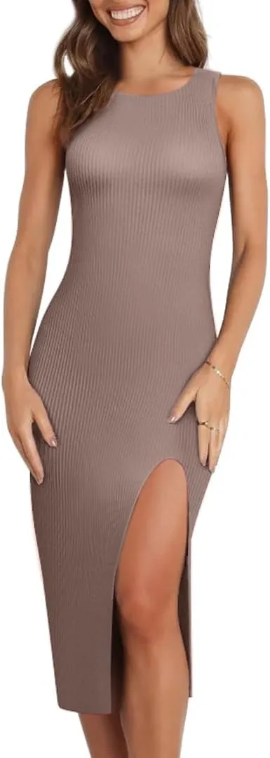 PrettyGuide Women's Sexy Ribbed Knit Tank Going Out Dress with Slit Sleeveless Midi Summer Bodycon Dresses