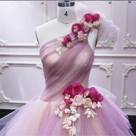 Puffy One Shoulder Sleeveless Tulle Prom Dress with Flowers, Ruffles Quinceanera Dress UQP0023
