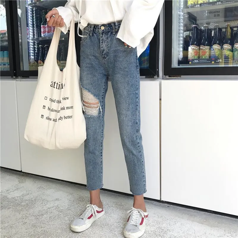 Ripped Hole Above Knee Blue Denim Jeans