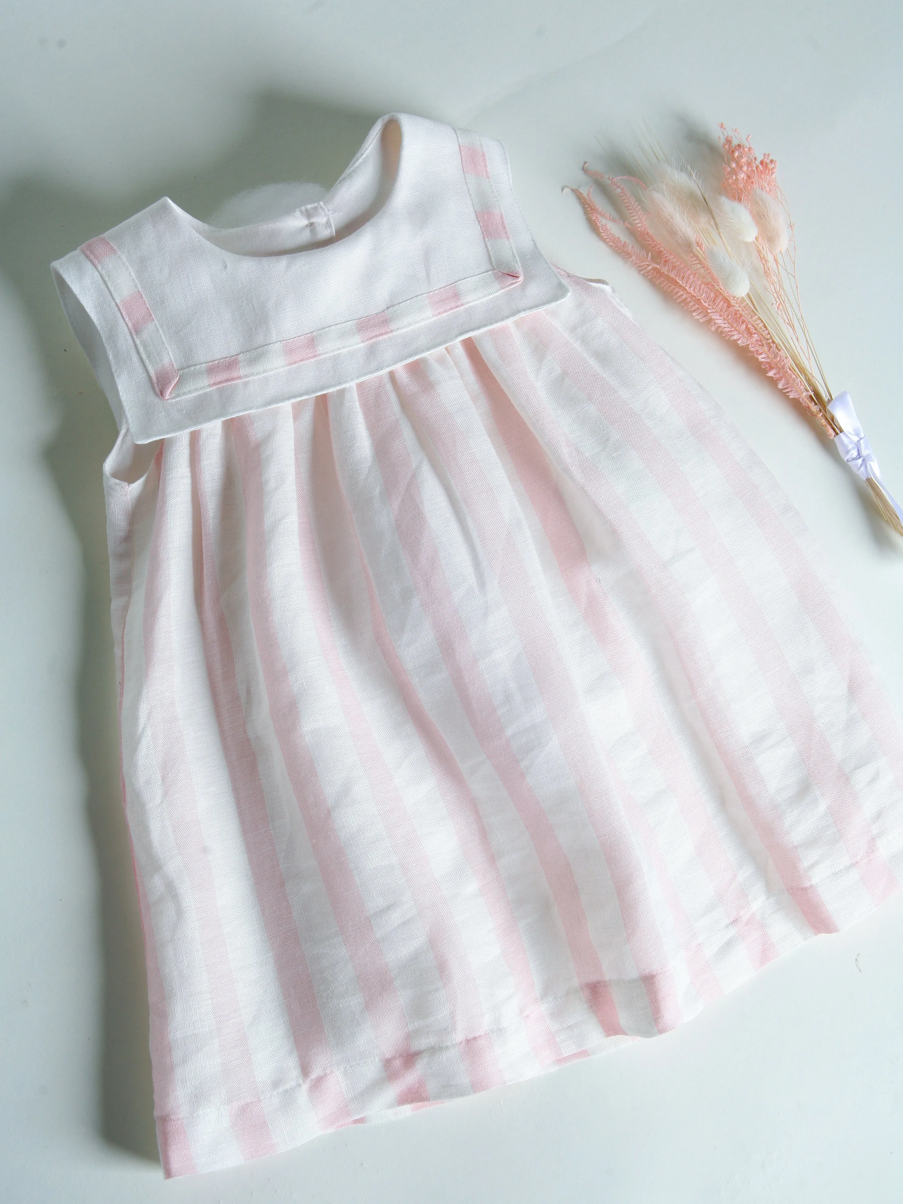 'Rose' Pink & Ivory Stripe Linen Dress