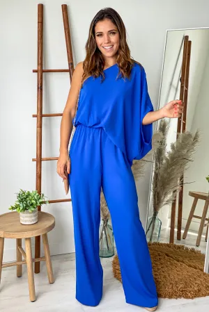 Royal Blue One Shoulder 3/4 Sleeve Jumpsuit